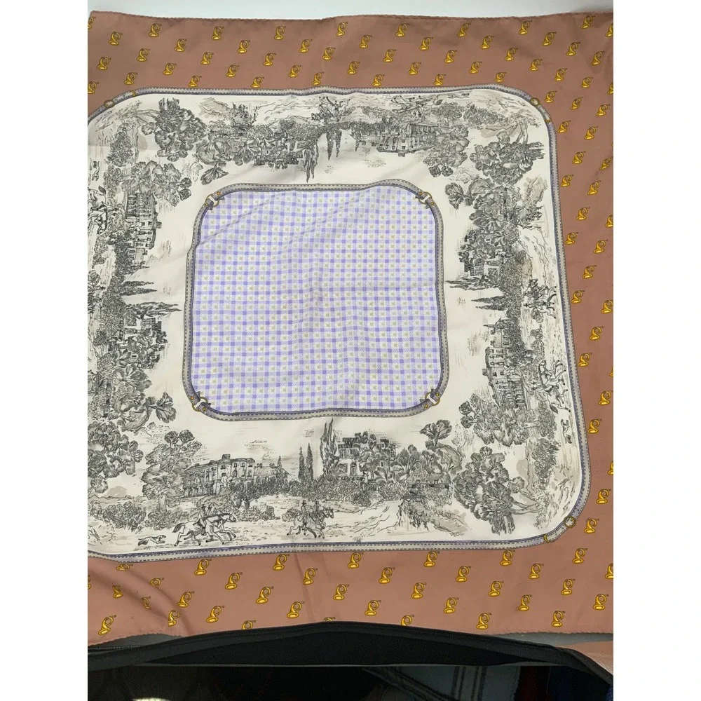 Leonardi Vintage Equestrian Toile Square Scarf Brown Lavender Manor House Horns
